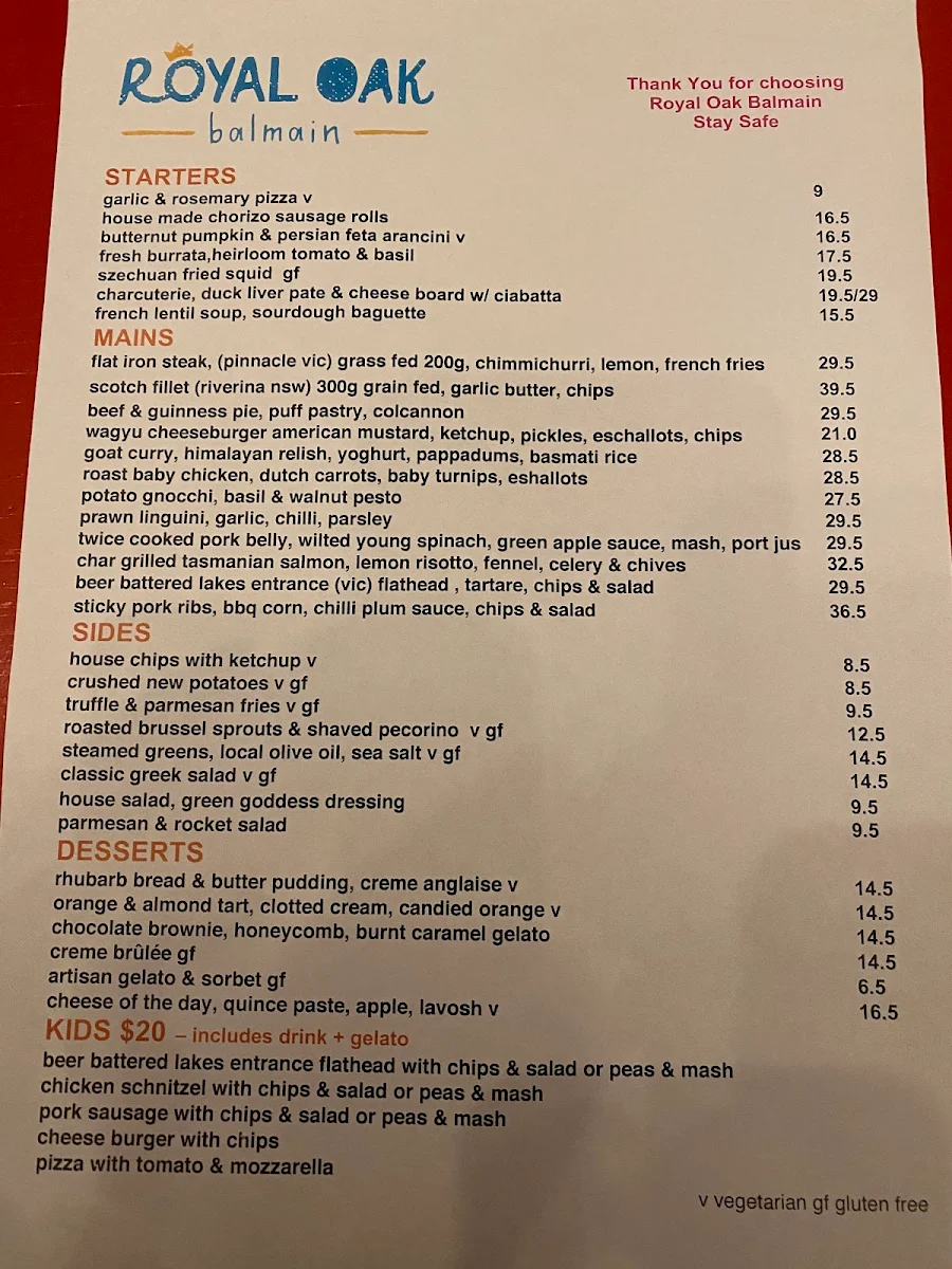 Menu, The Royal Oak