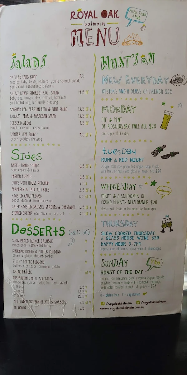 Menu, The Royal Oak
