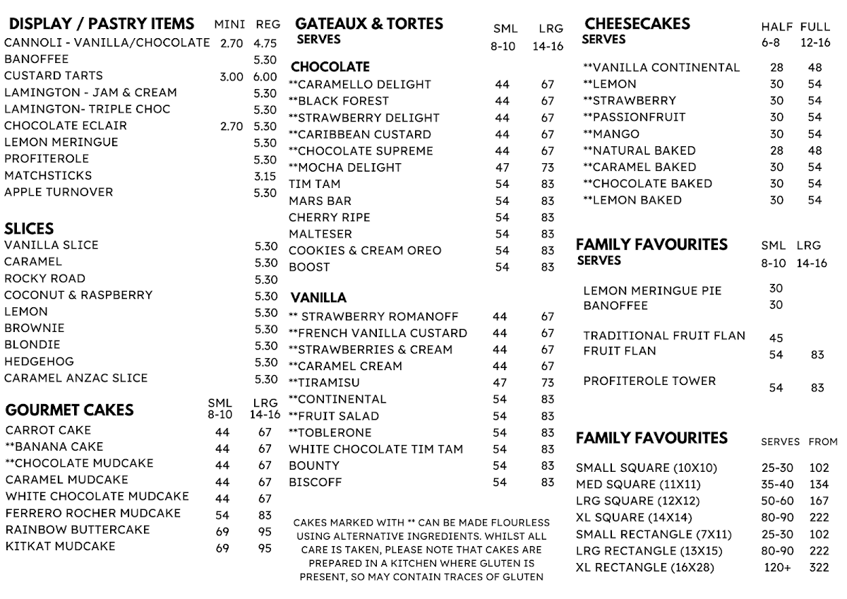Menu, Paris Diana Cakes