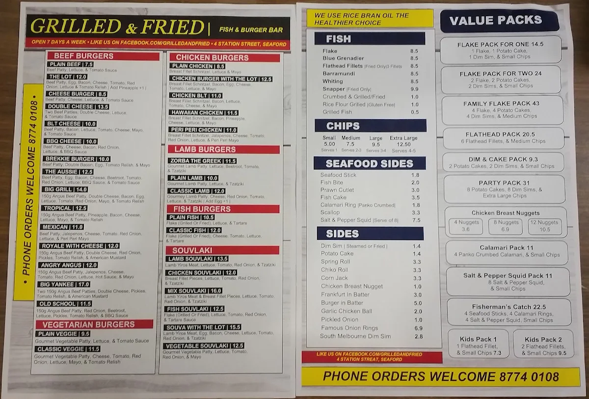 Menu, Grilled and Fried Fish and Chips