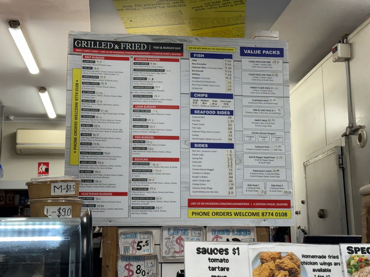 Menu, Grilled and Fried Fish and Chips