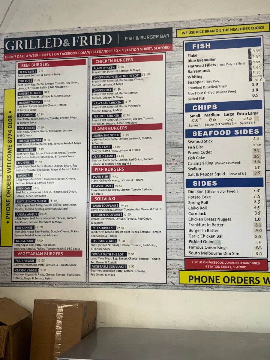 Menu, Grilled and Fried Fish and Chips