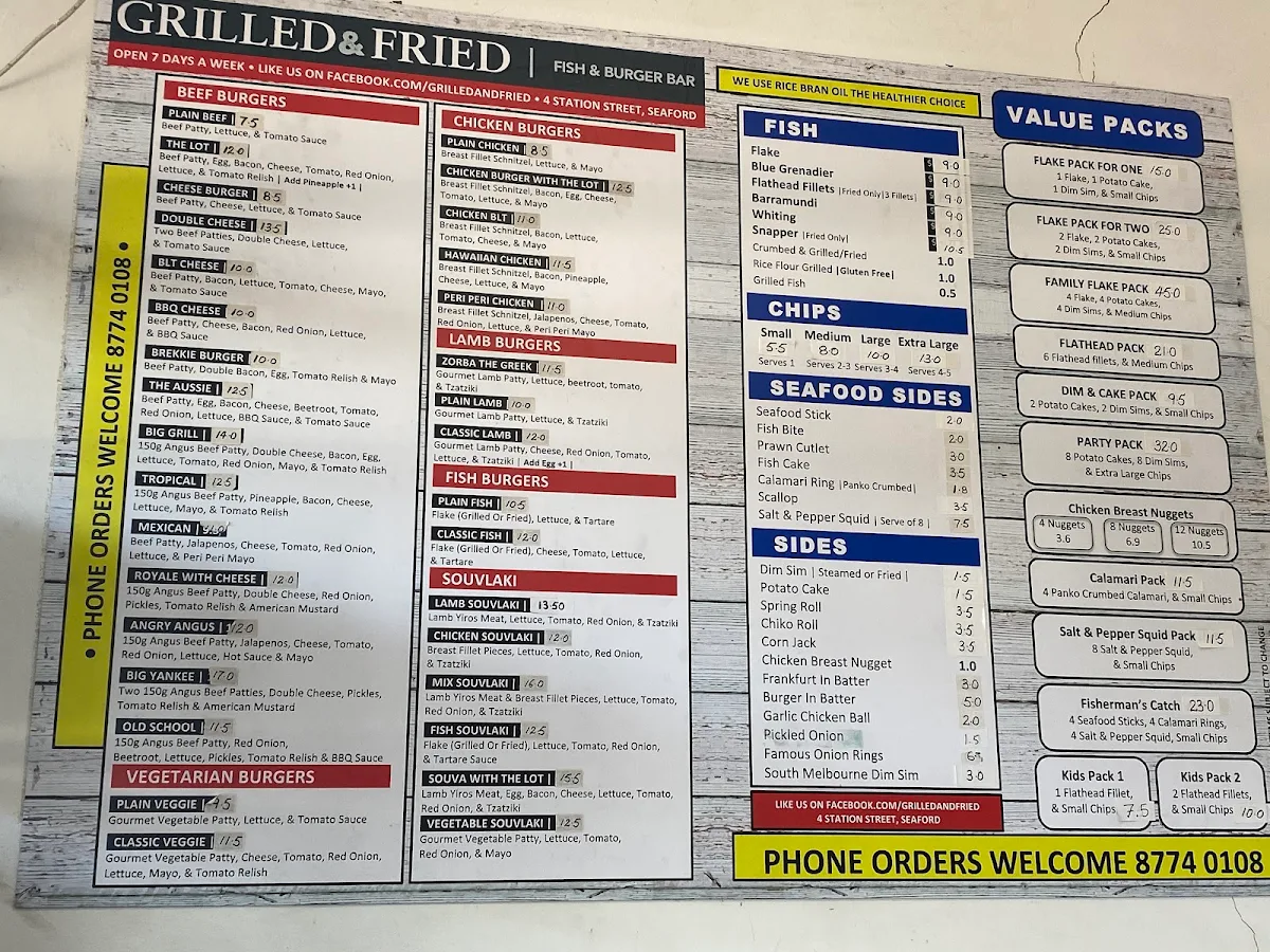 Menu, Grilled and Fried Fish and Chips