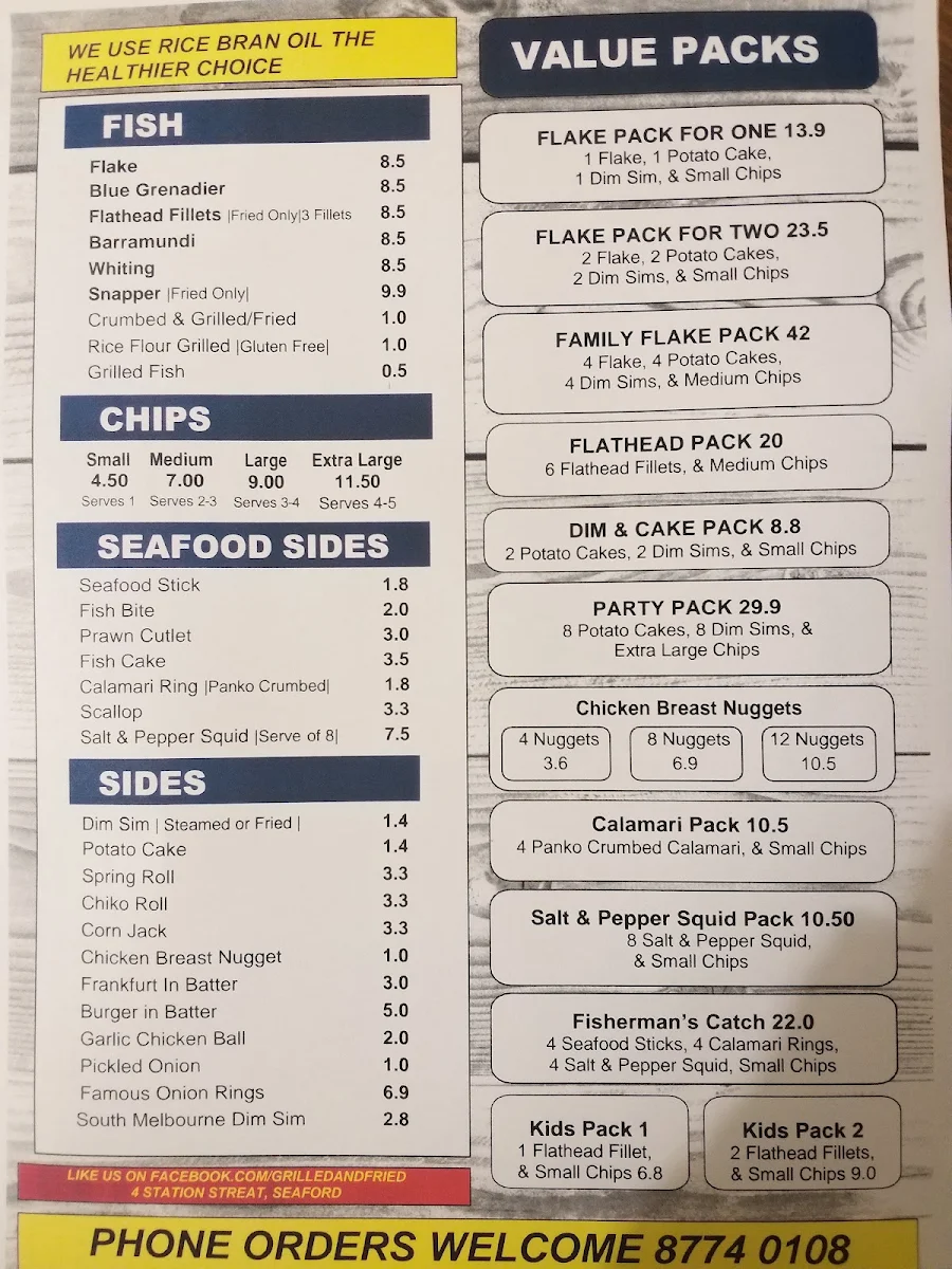 Menu, Grilled and Fried Fish and Chips
