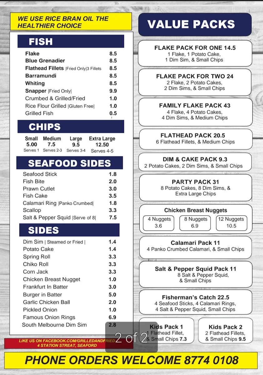 Menu, Grilled and Fried Fish and Chips