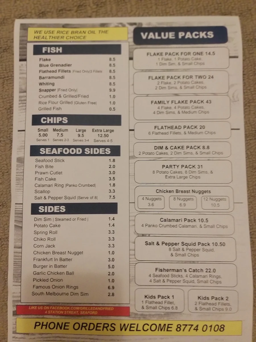 Menu, Grilled and Fried Fish and Chips