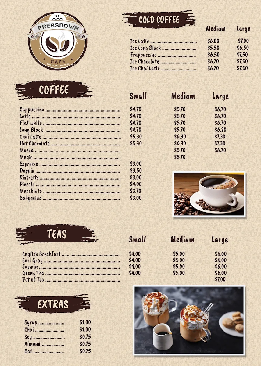 Menu, Cafe & Restaurant - Pressdown Cafe