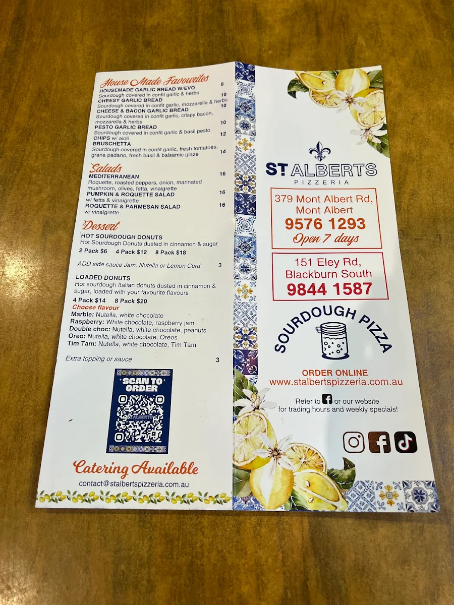 Menu, St Albert's Pizzeria - Mont Albert