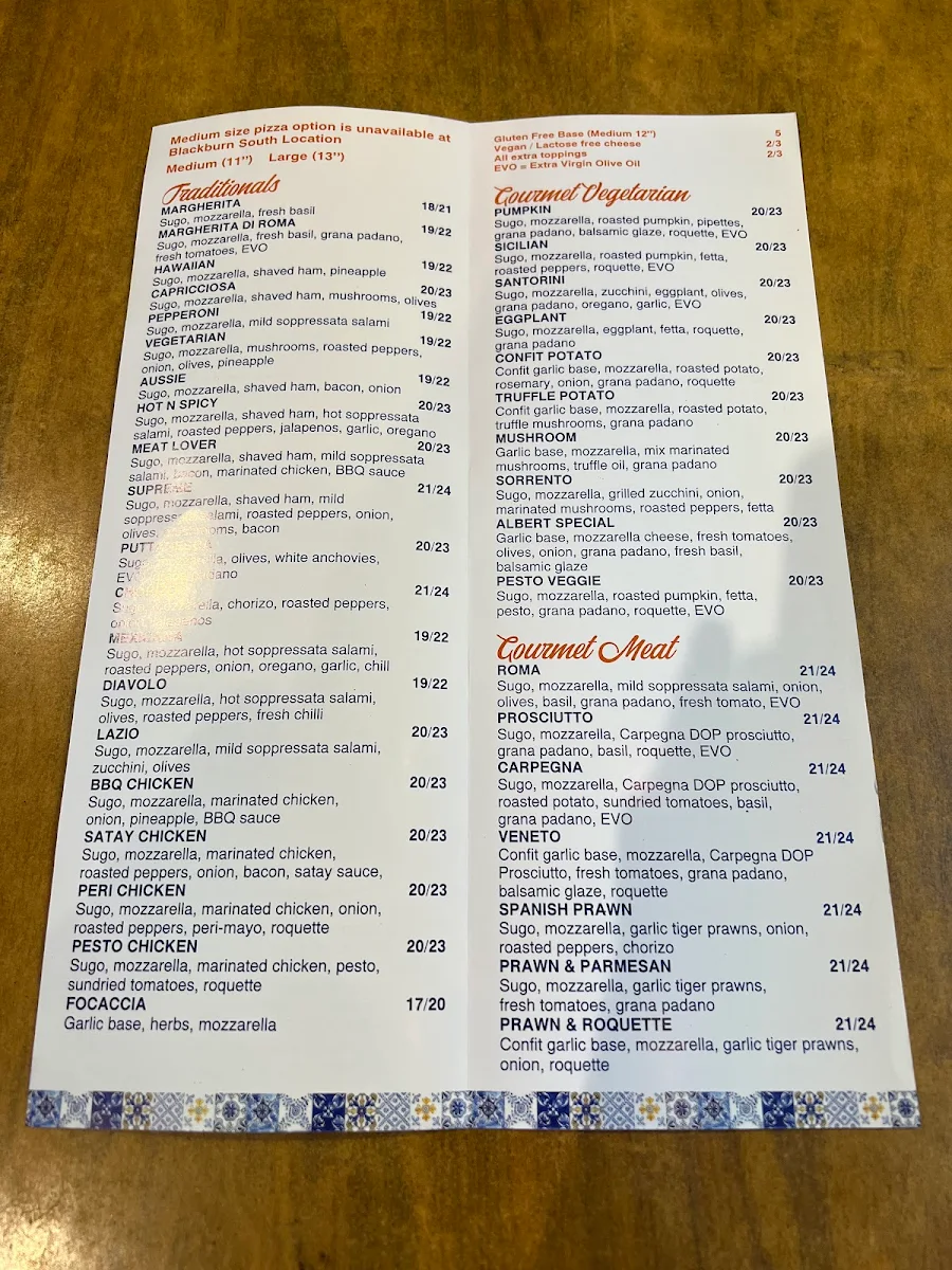 Menu, St Albert's Pizzeria - Mont Albert