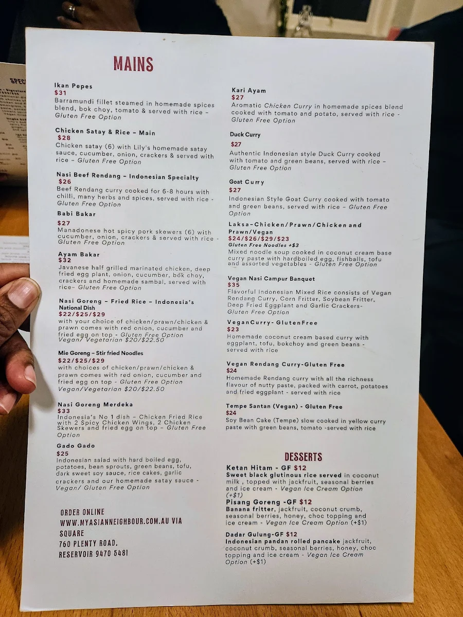 Menu, My Asian Neighbour