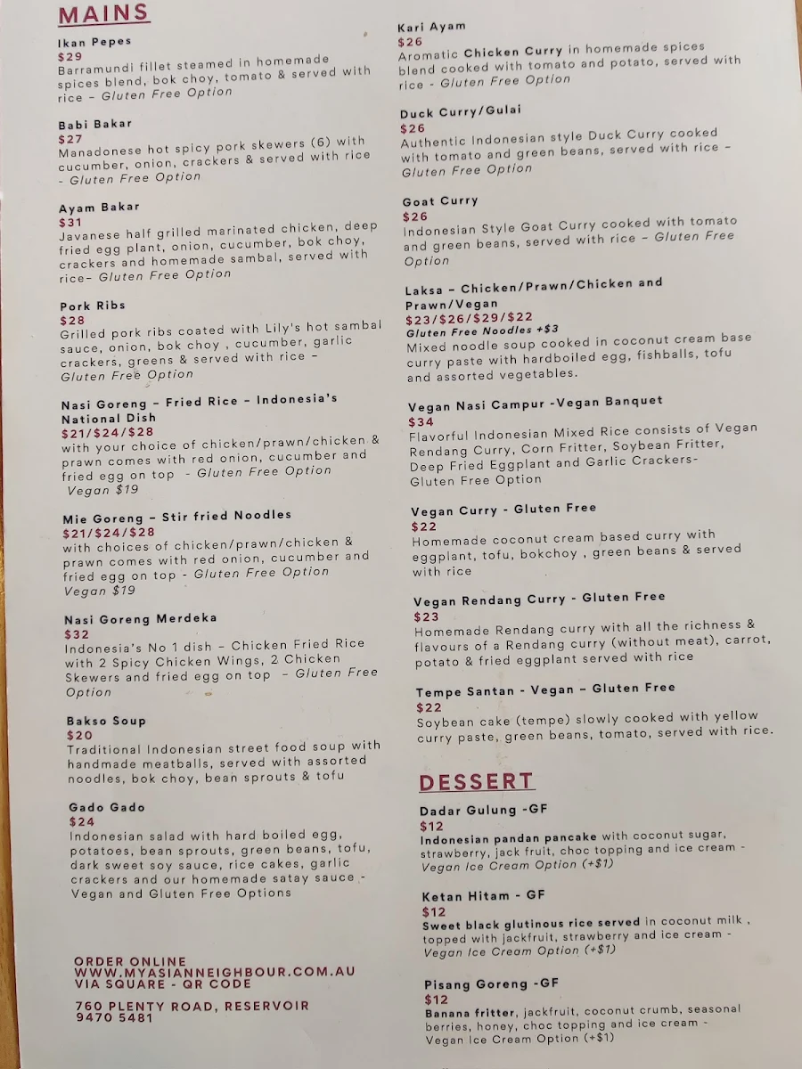 Menu, My Asian Neighbour