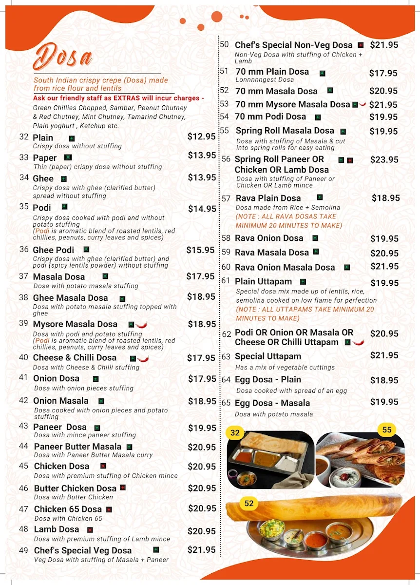 Menu, Dosa Hut - Indian Restaurant Canberra CBD