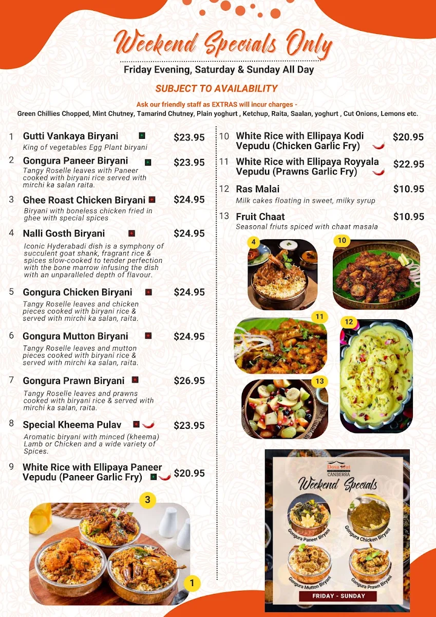 Menu, Dosa Hut - Indian Restaurant Canberra CBD
