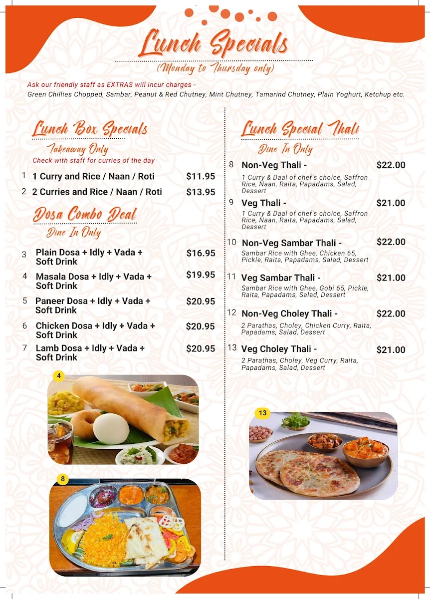 Menu, Dosa Hut - Indian Restaurant Canberra CBD