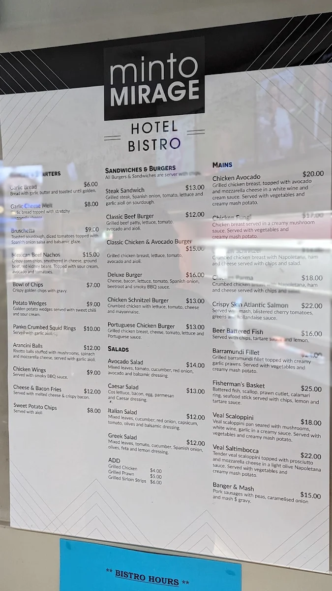 Menu, Minto Mirage Hotel