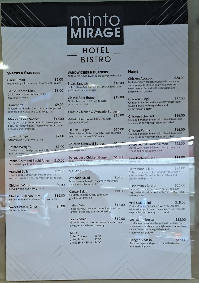 Menu, Minto Mirage Hotel