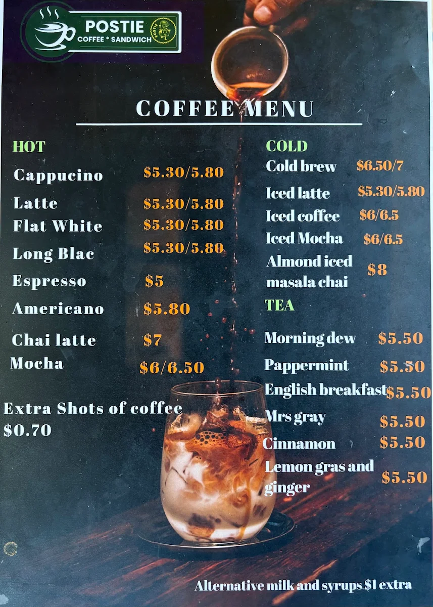 Menu, Postie Coffee