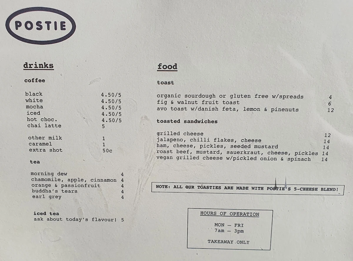 Menu, Postie Coffee