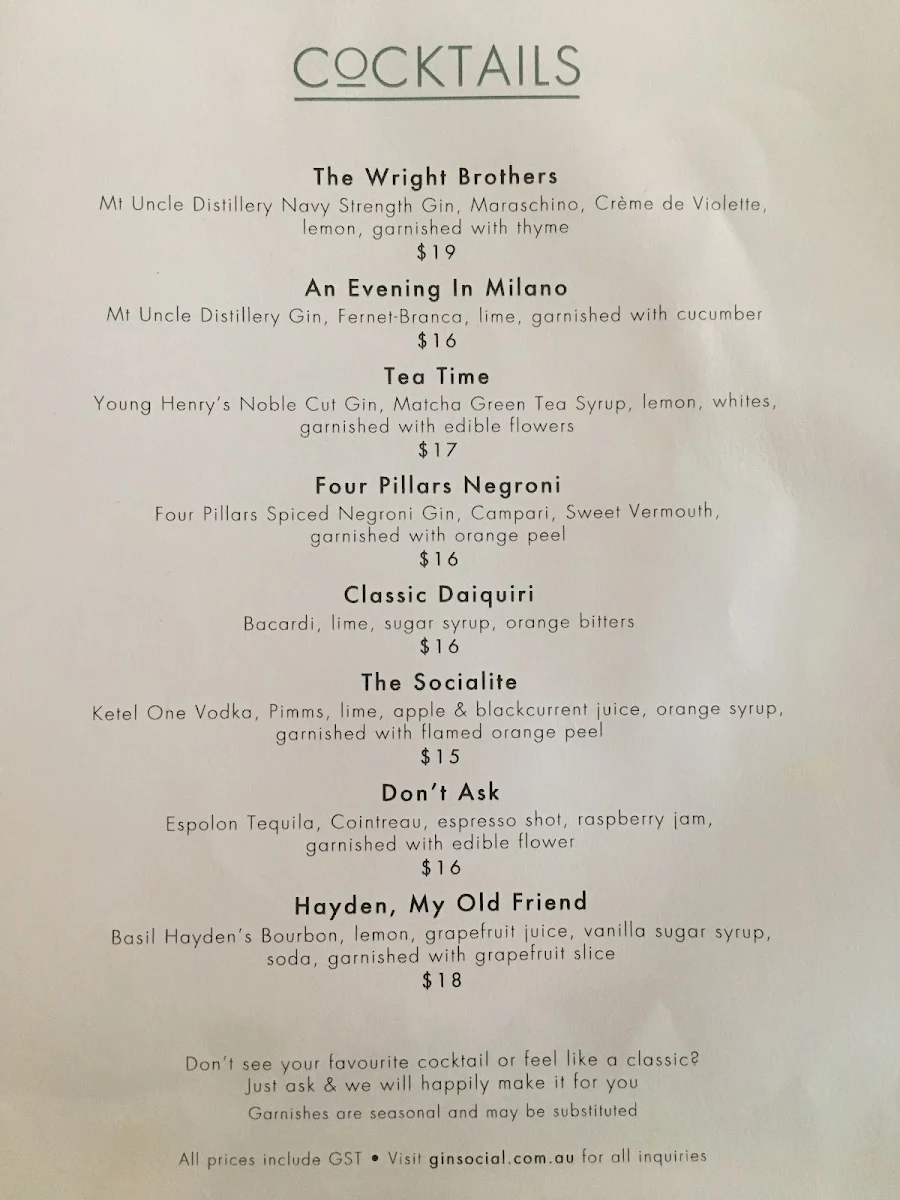Menu, Gin Social