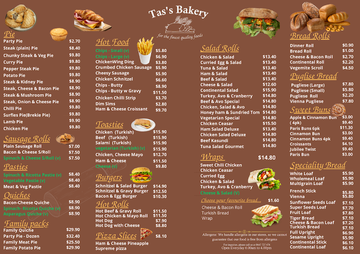 Menu, Tas's Bakery