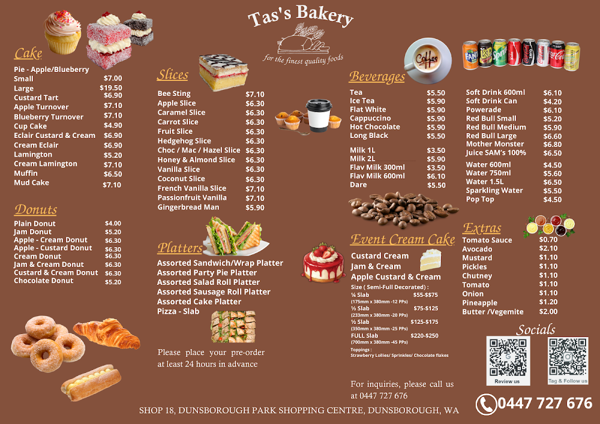 Menu, Tas's Bakery