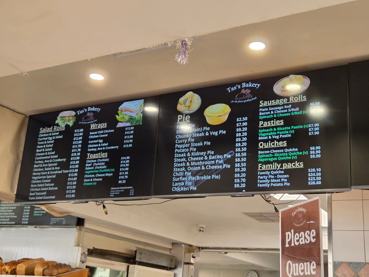 Menu, Tas's Bakery