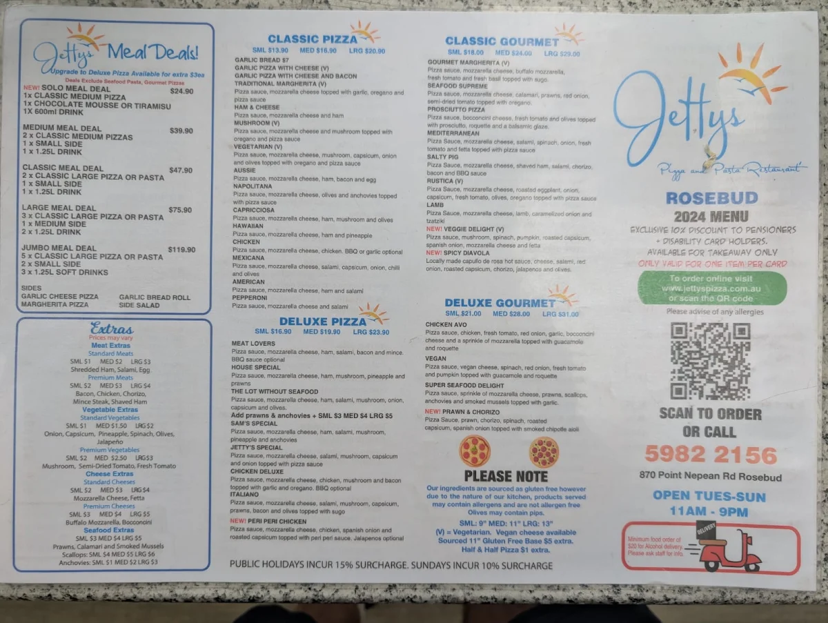 Menu, Jetty's Pizza