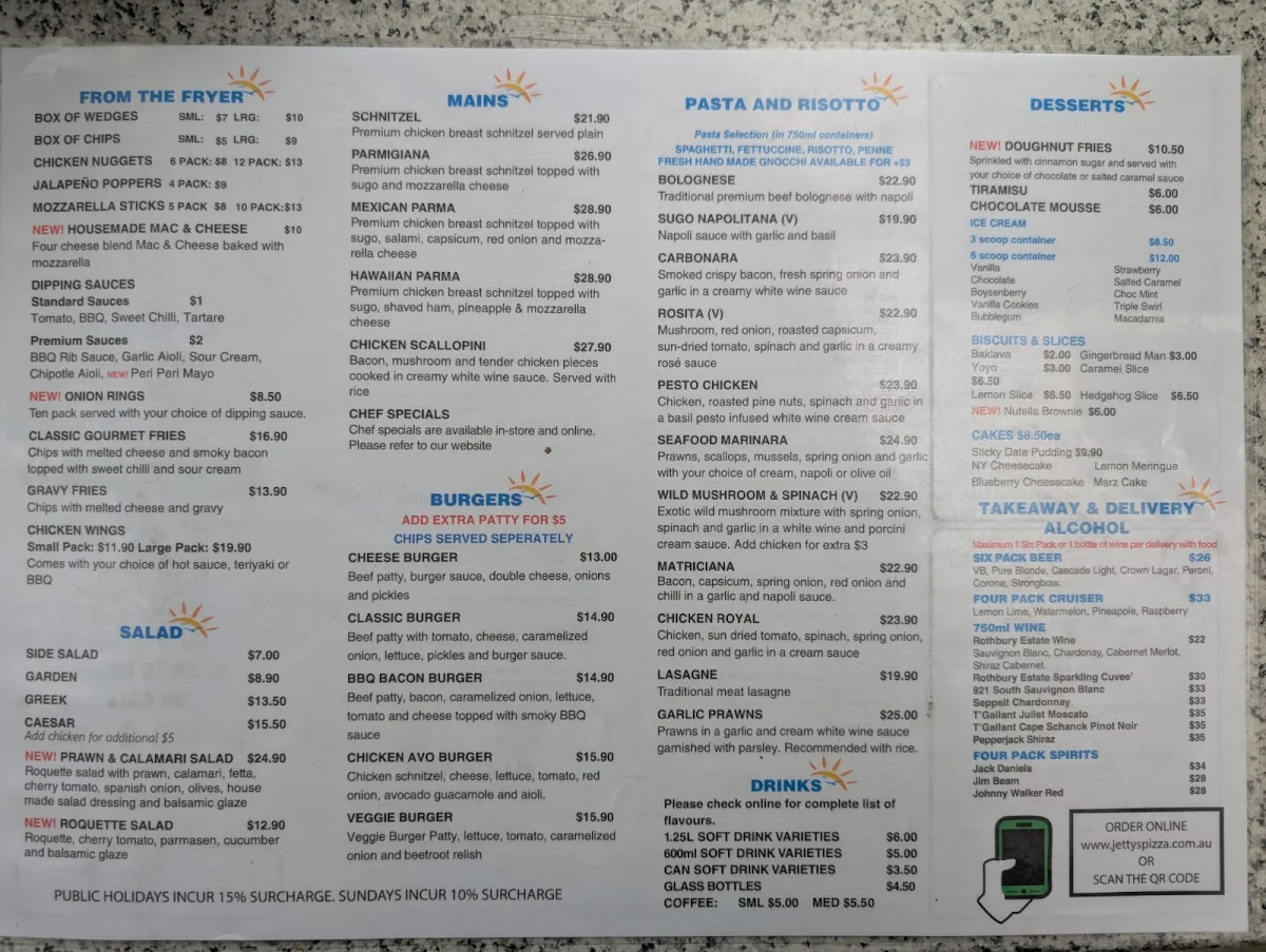 Menu, Jetty's Pizza