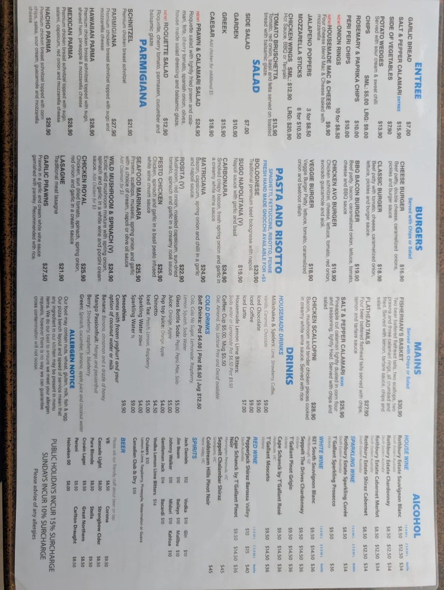 Menu, Jetty's Pizza
