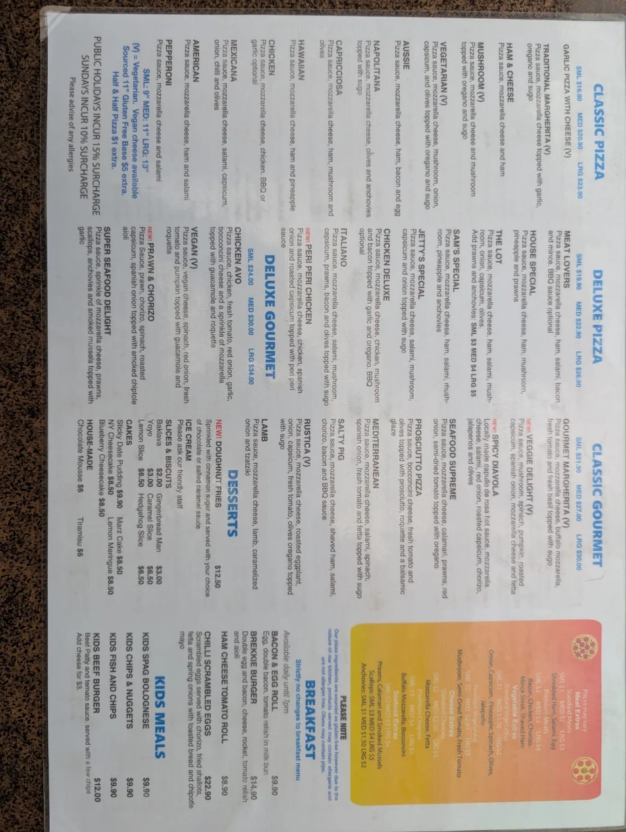 Menu, Jetty's Pizza