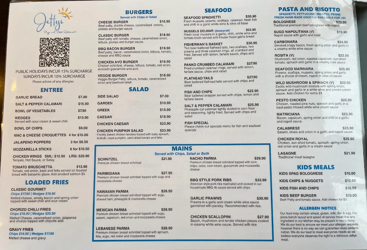 Menu, Jetty's Pizza