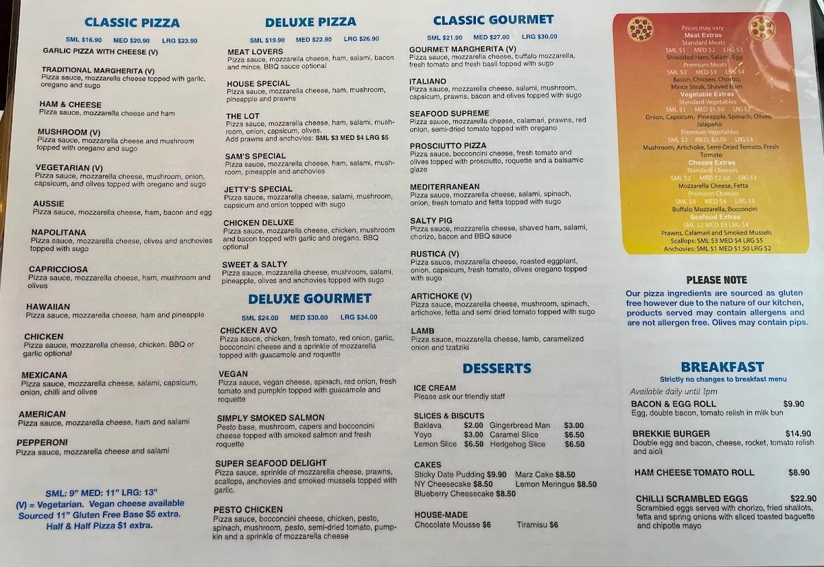 Menu, Jetty's Pizza