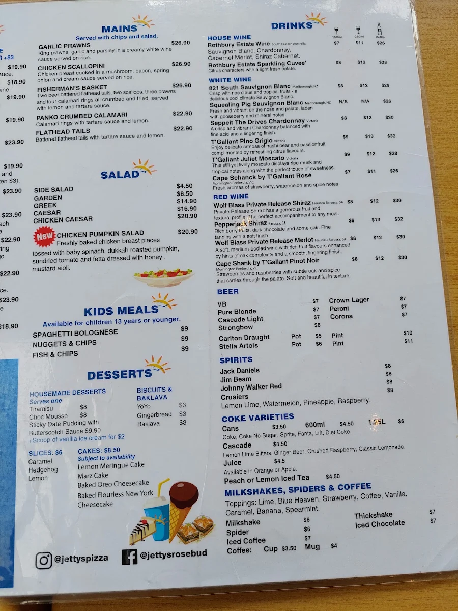 Menu, Jetty's Pizza