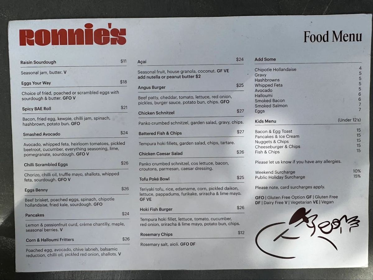 Menu, Ronnie's