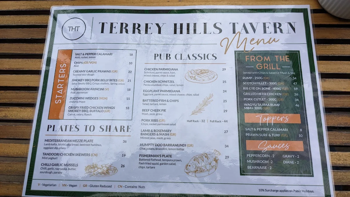 Menu, Terrey Hills Tavern