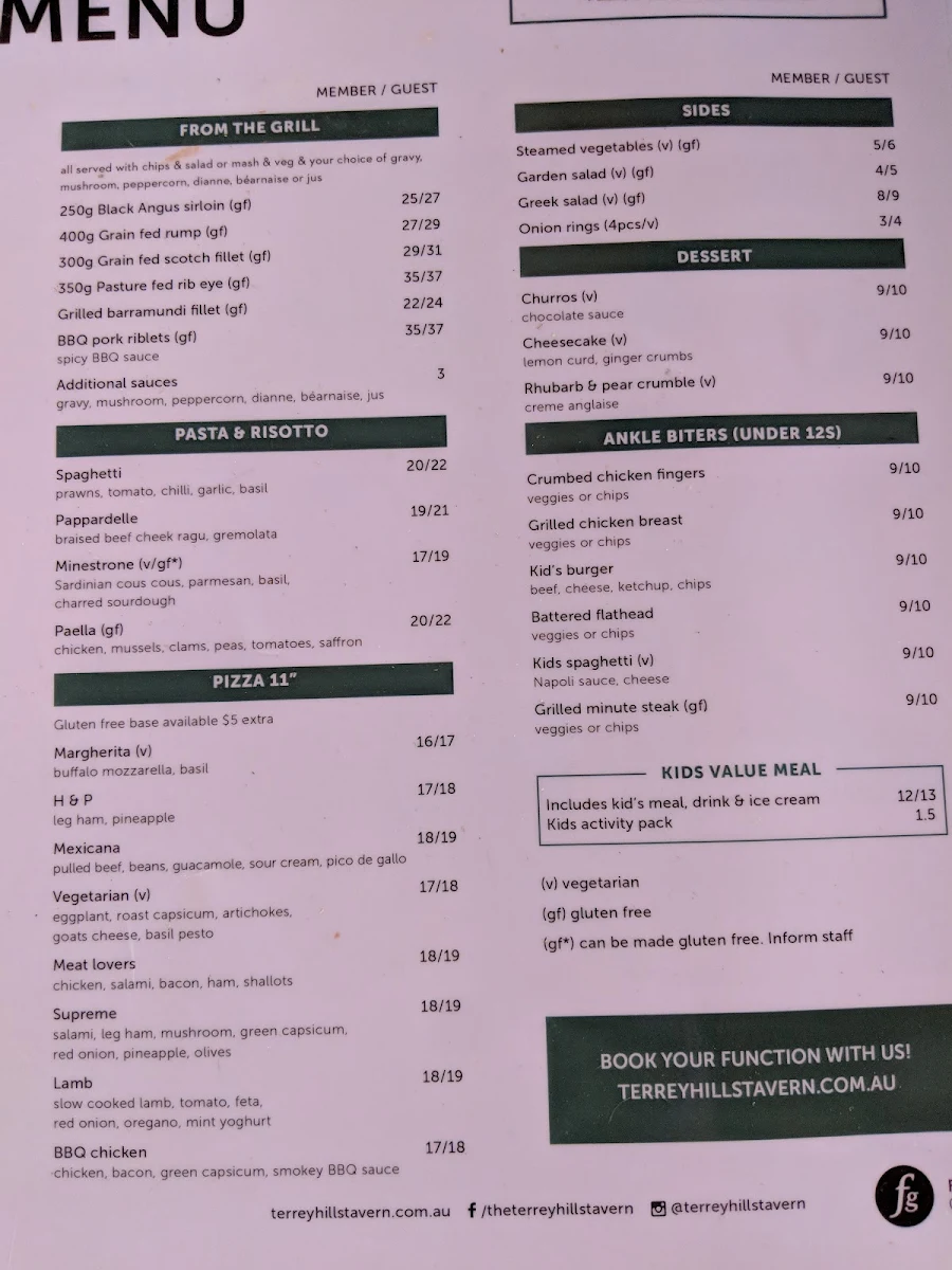 Menu, Terrey Hills Tavern