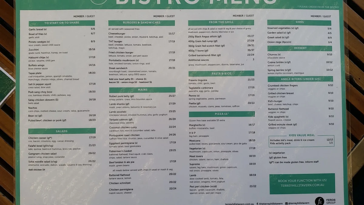 Menu, Terrey Hills Tavern