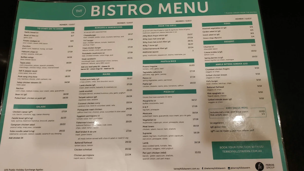 Menu, Terrey Hills Tavern