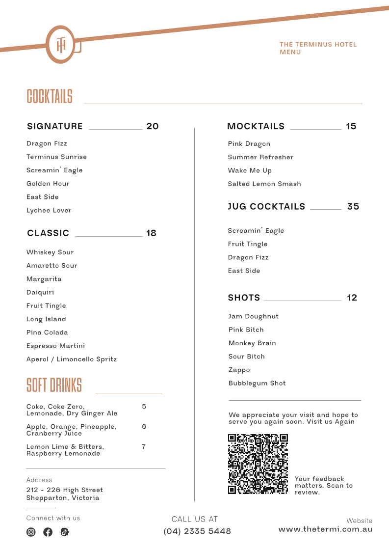 Menu, Terminus Hotel