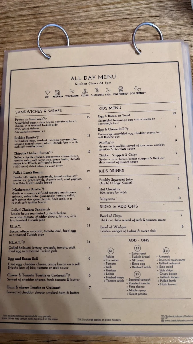 Menu, The Nicholson Coffee House