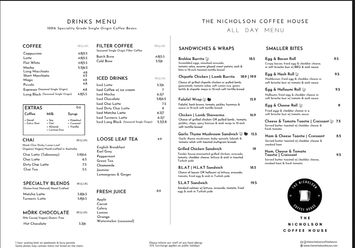 Menu, The Nicholson Coffee House