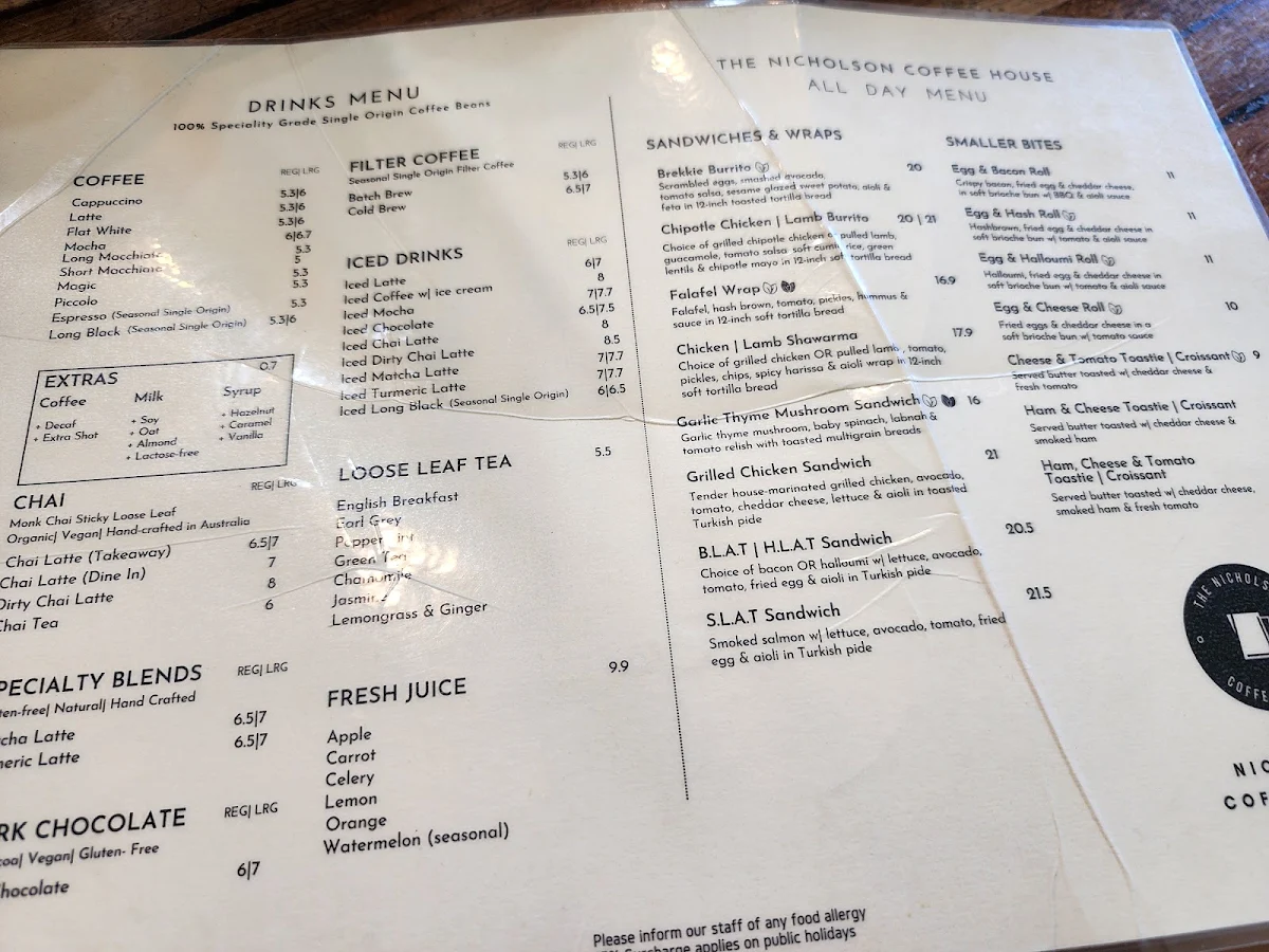 Menu, The Nicholson Coffee House