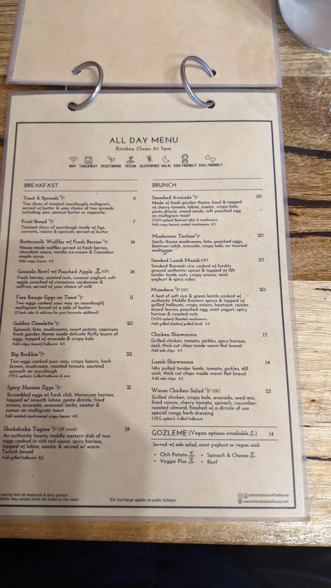 Menu, The Nicholson Coffee House