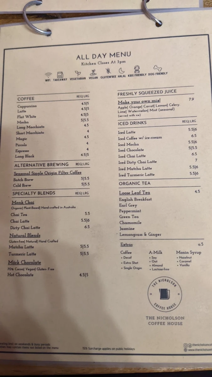 Menu, The Nicholson Coffee House