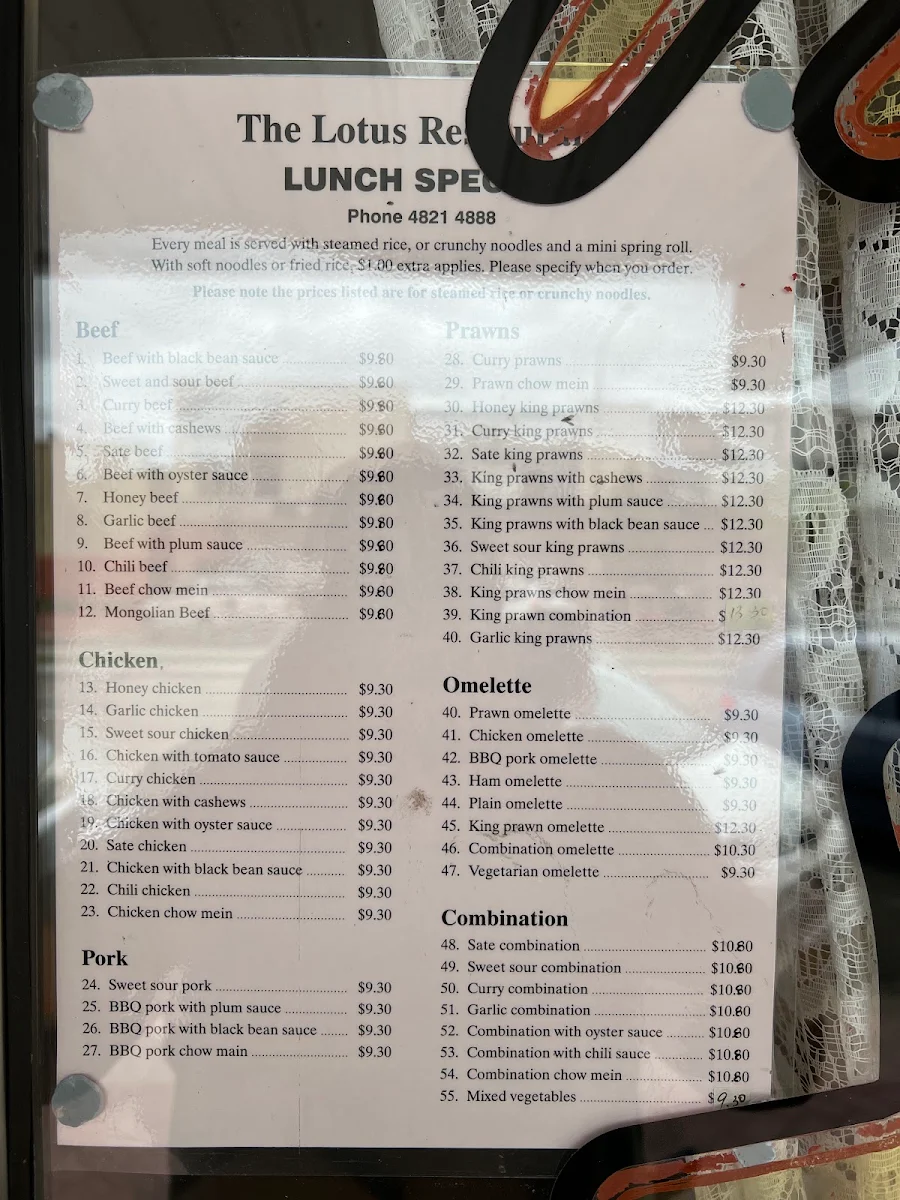 Menu, Lotus Chinese Restaurant
