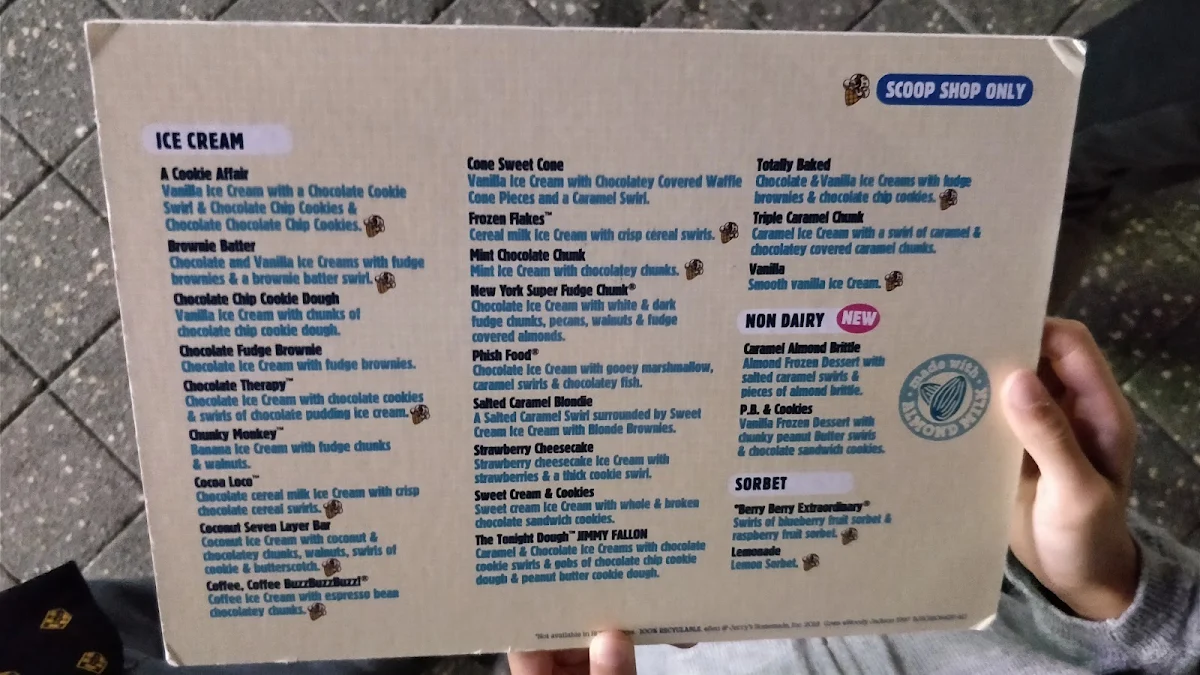 Menu, Ben & Jerry’s