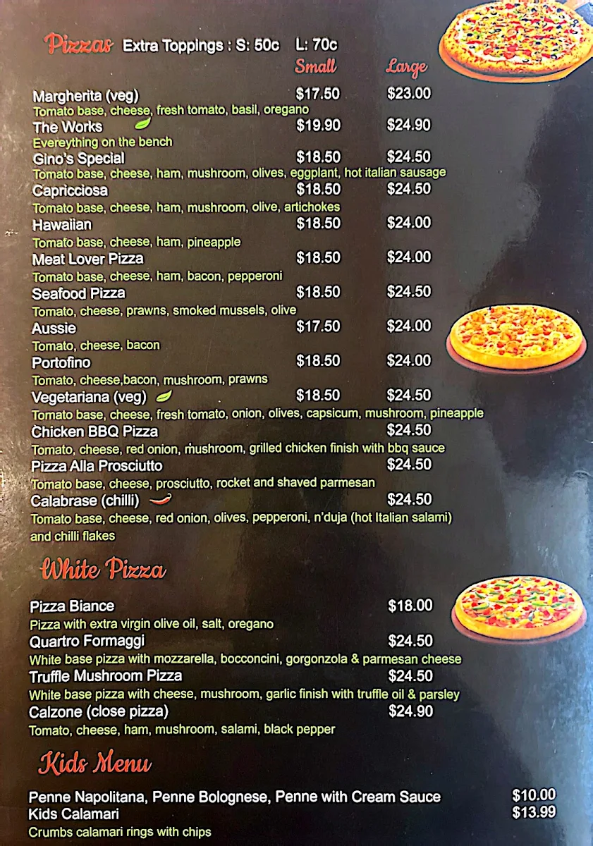 Menu, Gino's Spaghetti Bar