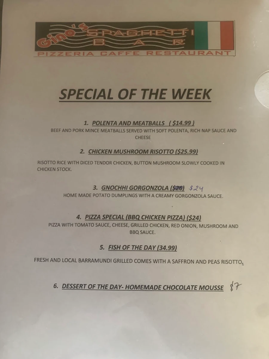 Menu, Gino's Spaghetti Bar