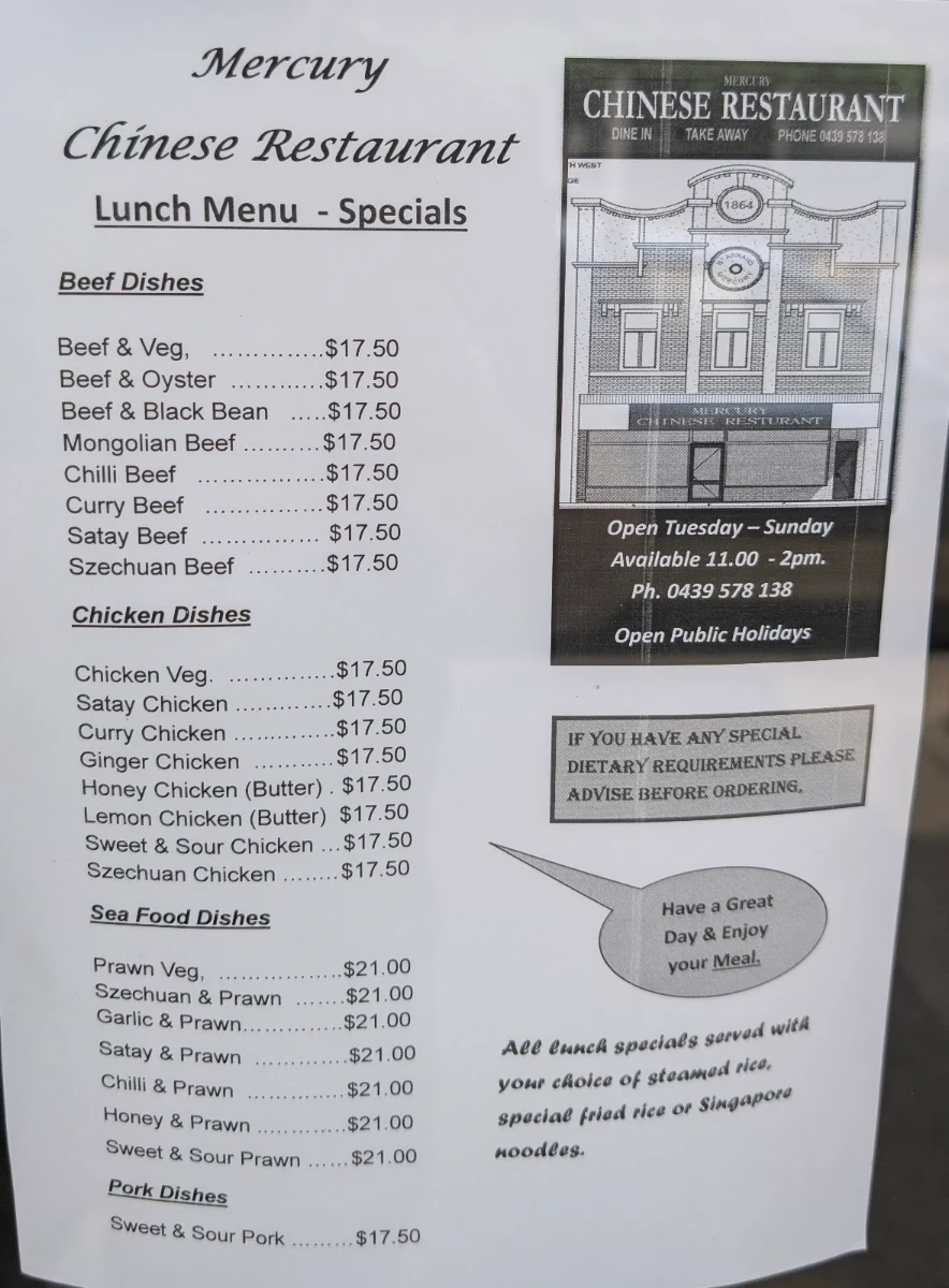 Menu, Mercury Chinese