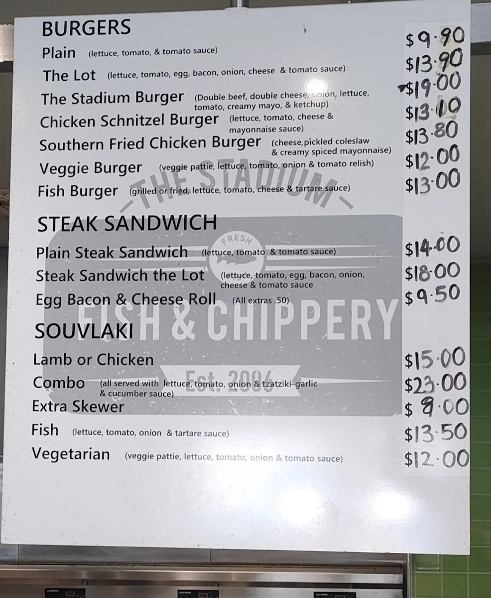 Menu, The Stadium Fish & Chippery & All Day Cafe